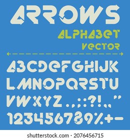 Vector creative font from arrows. White alphabet on a blue  background. Letters, numbers and punctuation marks.