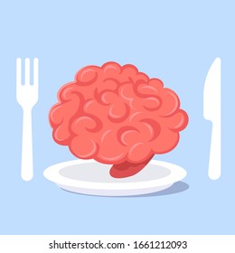 Vector creative food illustration of pink human brain on plate with fork and knife on blue background. Flat style concept design of nutrition of smart brain education for web, site, banner, poster