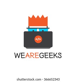 Vector creative geek logotype. Modern flat computer nerd brand sign.