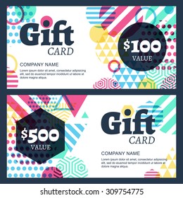 Vector voucher de presente criativo ou modelo de fundo de cartão. Padrão geométrico multicolorido abstrato. Conceito para boutique, loja de moda, jóias, acessórios, hotel, restaurante, folheto, design de banner.