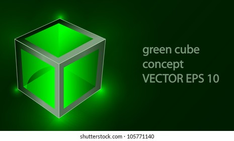 Vector creative green cube with reflection looks like glass and laser lights