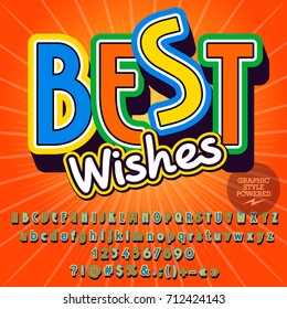 Vector creative greeting card Best Wishes with set of Alphabet. Graphic style Font