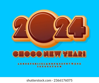 Vector creative greeting card Choco New Year 2024! Sweet cake Font. Abstract style Alphabet Letters and Numbers set