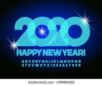 Vector creative greeting card Happy New Year 2020 with blue neon Font. Bright Uppercase Alphabet. Glowing shiny Letters and Numbers