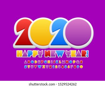 Tarjeta de felicitación creativa vectorial ¡Feliz Año Nuevo 2020! Conjunto de alfabetos luminosos. Fuente colorida moderna para los niños.