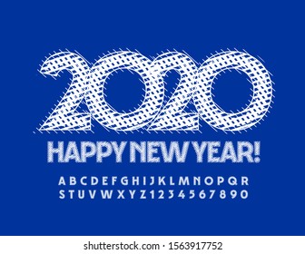 Vector creative greeting card Happy New Year 2020 with knitted Font. Textured Alphabet Letters and Numbers