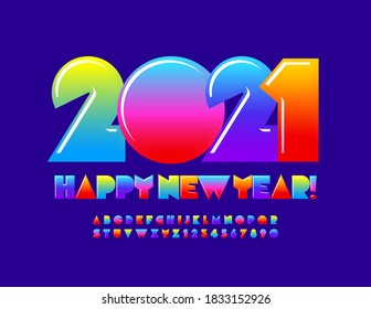 Tarjeta de felicitación creativa vectorial ¡Feliz Año Nuevo 2021! Tipo de letra de canto. Color de degradado brillante Alfabeto Letras y números establecidos