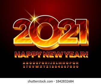 Vector creative greeting card Happy New Year 2021! Blazing fire Font. 3D Flaming Alphabet Letters and Numbers set