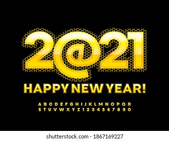 Vector creative greeting card Happy New Year 2021! Digital yellow Font. Techno Alphabet Letters and Numbers set with pattern