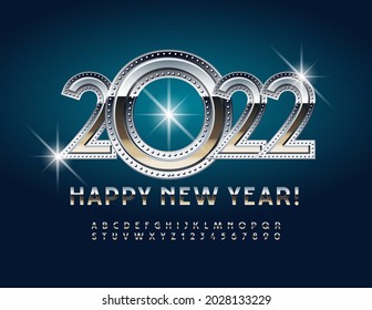 Vector creative greeting card Happy New Year 2022! Metallic riveted Font. Industrial style Alphabet Letters and Numbers set