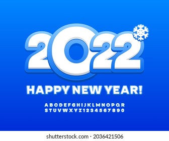 Vector tarjeta de felicitación creativa Feliz Año Nuevo 2022! Fuente para niños azul y blanco. Letras y números de alfabeto de moda