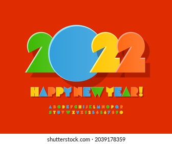 Vector Creative Greeting Card Happy New Year 2022! Colorful Abstract Font. Sticker style Alphabet letters and Numbers