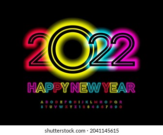 Vector creative Greeting Card Happy New Year 2022! Colorful Neon Font. Bright glowing Alphabet Letters and Numbers set