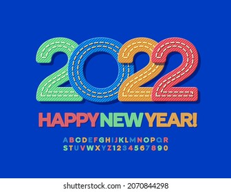 Vector tarjeta de felicitación creativa Feliz Año Nuevo 2022! Denim fuente colorida. Juego de letras y números de alfabeto de moda