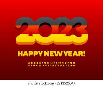 Tarjeta de felicitación creativa vectorial Feliz Año Nuevo 2023 con bandera alemana. Se han establecido las letras y números de alfabeto 3D modernos. Fuente artística brillante