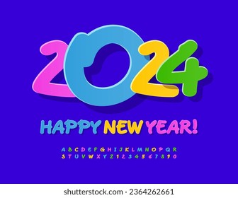 Vector creative greeting card Happy New Year 2024! Colorful handwritten Font. Artistic set of sticker Alphabet Letters and Numbers