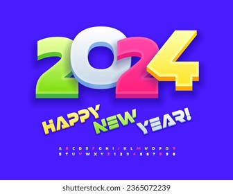 Vector creative Greeting Card Happy New Year 2024! Colorful 3D Font. Bright set of Alphabet Letters and Numbers