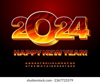Vector creative greeting card Happy New Year 2024! Fire pattern and Metal 3D Font. Flaming Alphabet Letters and Numbers set