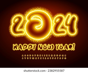 Vector creative Greeting Card Happy New Year 2024! Yellow Neon Font with Sparkling. Glittering artistic Alphabet Letters and Numbers set