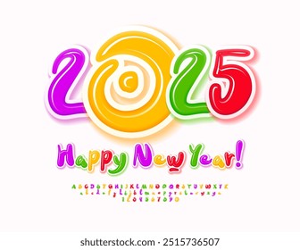 Tarjeta de felicitación creativa de Vector Feliz año Nuevo 2025! Conjunto divertido de letras y números de alfabeto de colores. Fuente de Bright Kids.