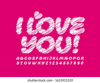 Tarjeta de saludo creativa vectorial Te amo con Font. Letras y números alfabetos de tiza blanca