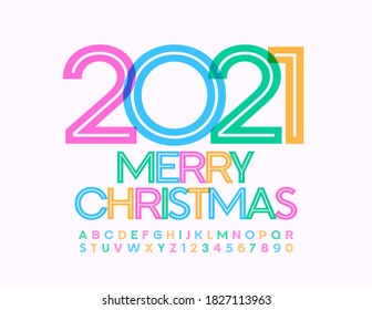 Vector tarjeta de saludo creativo Feliz Navidad 2021! Fuente artística colorida. Letras y números de alfabeto luminosos