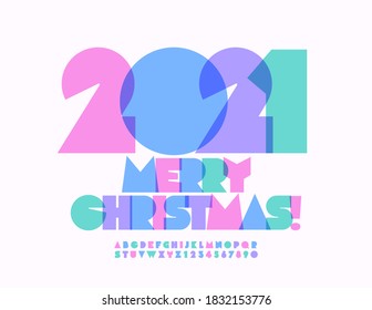 Vector tarjeta de saludo creativo Feliz Navidad 2021! Letra artística abstracta. Juego de letras y números de alfabeto de color de agua