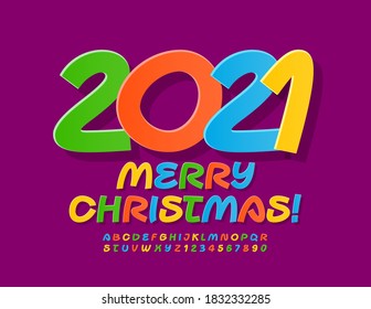 Vector creative greeting card Merry Christmas 2021! Bright artistic Font. Colorful Alphabet Letters and Numbers set