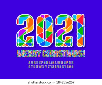 Vector creative greeting card Merry Christmas 2021! Bright mosaic Font. Colorful Alphabet Letters and Numbers set