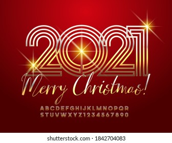 Vector creative greeting card Merry Christmas 2021! Maze style Font. Abstract Gold Alphabet Letters and Numbers set