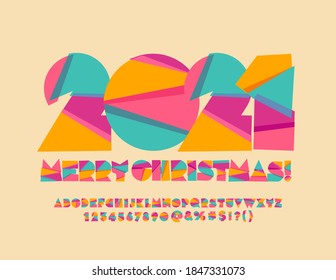 Vector creative greeting card Merry Christmas 20211 Abstract colorful Font. Bright artistic Alphabet Letters and Numbers set