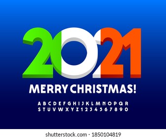 Vector creative greeting card Merry Christmas 2021 with Italian Flag. 3D White Font. Modern Alphabet Letters and Numbers set