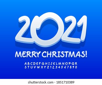 Vector tarjeta de saludo creativo Feliz Navidad 2021! Letra blanca artística. Conjunto moderno de letras y números manuscritos