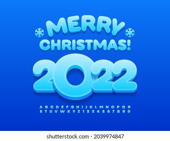 Vector creative Greeting Card Merry Christmas 2022! Cute Kids 3D Font. Blue Alphabet Letters and Numbers set