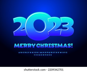 Vector creative greeting card Merry Christmas 2023! Blue gradient Font. Funny Alphabet Letters and Numbers set