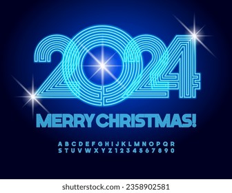Vector creative Greeting Card Merry Christmas 2024! Modern Neon Font. Blue Artistic Alphabet Letters and Numbers set