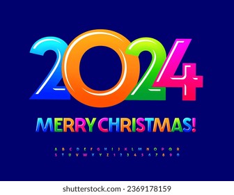 Vector creative Greeting Card Merry Christmas 2024! Kids sweet Font. Bright Alphabet Letters and Numbers