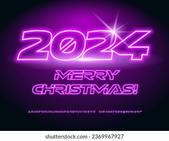 Vector creative Greeting Card Merry Christmas 2024! Glowing Pink Font. Neon Alphabet Letters and Numbers set