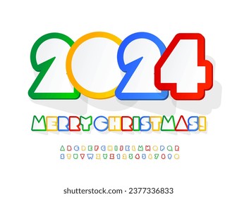 Vector creative greeting card Merry Christmas 2024! Bright paper Font. Sticker style set of Alphabet Letters and Numbers
