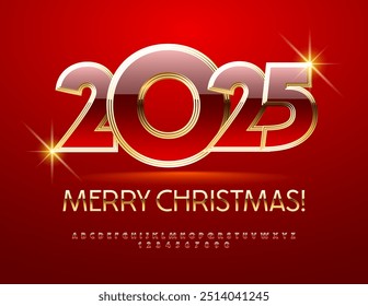 Vector creative Greeting Card Merry Christmas 2025! Red and Gold Beautiful Font. Elite cool Alphabet Letters and Numbers set.