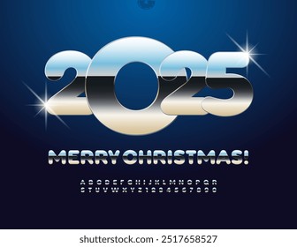 Vector creativo Tarjeta de felicitación Feliz Navidades 2025! Fuente de plata brillante. Conjunto de letras y números de alfabeto metálico reflectante.