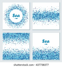 Vector creative greeting card set of blue round particles. Sea design. Confetti circles.