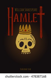 Vector creative hand drawn Hamlet poster with skull on a dark background.