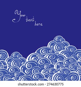 Vector creative hand-drawn abstract background of stylized clouds in the blue, white and ultramarine  