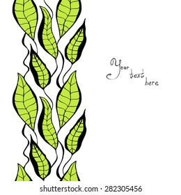 Vector creative hand-drawn abstract background with ornaments of leaves in bright green, black and white colors
