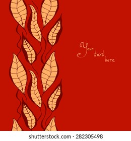 Vector creative hand-drawn abstract background with ornaments of leaves in dark red, peach and scarlet colors