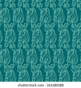 Vector creative hand-drawn abstract seamless pattern of light green curved lines on dark green backdrop