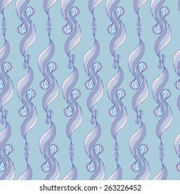 Vector creative hand-drawn abstract seamless pattern of curved elements in blue, pink and lilac shades