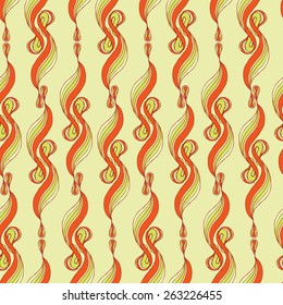 Vector creative hand-drawn abstract seamless pattern of curved elements in red, orange, yellow and green colors
