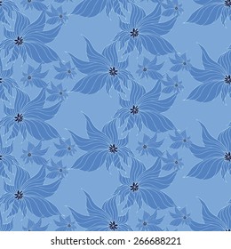 Vector creative hand-drawn abstract seamless pattern of stylized flowers in blue tones